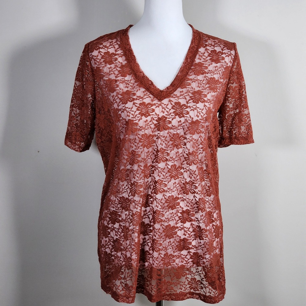 Bella Bird Lace Top Womens Large Rust Orange‎ V-Neck Short Sleeve Sheer Boho